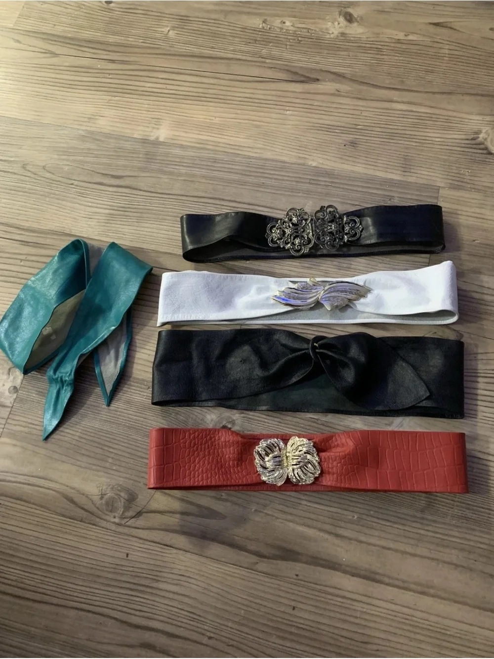 Vintage 80s Lot of 4: leather belts: white, red, black. Disco Mod Retro